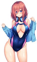 Rule 34 | 1girl, absurdres, bare shoulders, blue cardigan, blue eyes, blue one-piece swimsuit, blush, breasts, brown hair, cardigan, cleavage cutout, closed mouth, clothing cutout, collarbone, competition swimsuit, cowboy shot, frown, gluteal fold, go-toubun no hanayome, hair between eyes, headphones, headphones around neck, highres, large breasts, long hair, long sleeves, looking at viewer, nakano miku, one-piece swimsuit, open cardigan, open clothes, raiou, simple background, smile, solo, swimsuit, undressing, wet, white background
