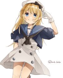 Rule 34 | 1girl, blonde hair, blue eyes, blue sailor collar, dress, gloves, hat, highres, jervis (kancolle), kantai collection, long hair, looking at viewer, nonko (nnk knkr), sailor collar, sailor dress, sailor hat, salute, short sleeves, simple background, solo, twitter username, white background, white dress, white gloves, white hat
