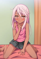 Rule 34 | 1girl, absurdres, bare arms, bare legs, bare shoulders, barefoot, bed, bed sheet, between legs, black skirt, blush, chloe von einzbern, commentary request, curtains, dark-skinned female, dark skin, fate/kaleid liner prisma illya, fate (series), full body, hair between eyes, hand between legs, hand on own face, highres, indoors, kneeling, long hair, miniskirt, morokoshi (tekku), on bed, pink hair, pink shirt, second-party source, shirt, sidelocks, sitting, skirt, solo, straight hair, tank top, thighs, tongue, tongue out, wariza, yellow eyes