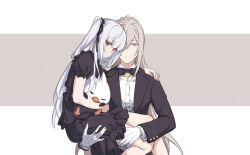 1boy 1girl 2girls bird black_bow black_dress black_jacket blunt_bangs bow bowtie braid butler cartonbox_(zhixiang_zhi) chick closed_mouth collared_shirt crossed_legs dress essex_(warship_girls_r) feet_out_of_frame formal frills gloves grey_hair hair_over_one_eye hair_ribbon hancock_(warship_girls_r) holding jacket long_hair long_sleeves looking_at_viewer multiple_girls official_alternate_costume on_lap open_clothes open_jacket puffy_short_sleeves puffy_sleeves red_eyes ribbon shirt short_sleeves sidelocks simple_background sitting sitting_on_lap sitting_on_person smile stuffed_animal stuffed_toy suit twintails two_side_up warship_girls_r white_background white_gloves white_shirt yellow_eyes