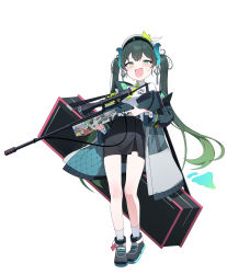 Rule 34 | 1girl, :d, absurdres, black footwear, black hair, black jacket, black skirt, blue archive, blush, collared shirt, fang, fangs, full body, green eyes, grey background, gun, hat, highres, holding, horns, jacket, long hair, long sleeves, looking at viewer, multicolored hair, necktie, open clothes, open jacket, open mouth, original, ribbon, rifle, scope, shirt, shoes, skirt, smile, sniper rifle, socks, solo, standing, sweatdrop, tonki, twintails, very long hair, weapon, white background, white shirt, white socks