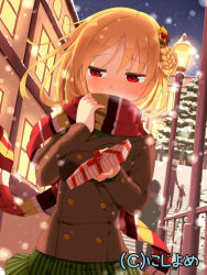 Rule 34 | 1girl, blonde hair, blush, box, breath, embarrassed, gift, gift box, holding, incoming gift, looking away, md5 mismatch, muku (muku-coffee), night, red eyes, resolution mismatch, scarf, scarf over mouth, snow, snowing, source smaller, valhalla valkyries, winter
