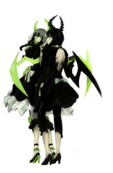 Rule 34 | 10s, 2girls, backless outfit, bare back, black hair, black rock shooter, bridal veil, claws, dead master, dress, dual persona, full body, glasses, green eyes, high heels, highres, holding, horns, iguza, multiple girls, ribbon, shoes, veil, white background, wings