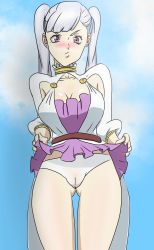 Rule 34 | 1girl, aquila (artist), black clover, blush, breasts, cameltoe, choker, cleavage, cleft of venus, clothes lift, curvy, dress, dress lift, gluteal fold, grey hair, highres, large breasts, layered dress, long hair, looking at viewer, looking down, noelle silva, panties, pink eyes, presenting, presenting pussy, puffy pussy, sky, source request, thigh gap, thighs, twintails, underwear, white panties