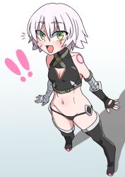 Rule 34 | !, !!, 1girl, akitokage, bandaged arm, bandages, bare shoulders, black panties, black thighhighs, black vest, breasts, cropped vest, facial scar, fate/apocrypha, fate/grand order, fate (series), full body, green eyes, hair between eyes, highres, jack the ripper (fate/apocrypha), looking at viewer, navel, open mouth, panties, scar, scar across eye, scar on cheek, scar on face, short hair, shoulder tattoo, small breasts, smile, solo, tattoo, thighhighs, underwear, vest, white hair