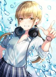 Rule 34 | 1girl, black skirt, blonde hair, blush, breasts, brown eyes, collarbone, commentary request, derori, dress shirt, fingernails, grin, hair between eyes, hand up, headphones, headphones around neck, highres, index finger raised, long hair, long sleeves, looking at viewer, low twintails, original, plaid, plaid skirt, pleated skirt, shirt, skirt, sleeves rolled up, small breasts, smile, solo, twintails, very long hair, water drop, white shirt