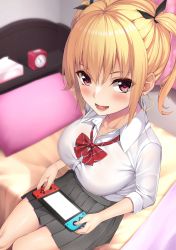 Rule 34 | 1girl, alarm clock, bed, black ribbon, blonde hair, bow, breasts, clock, collarbone, collared shirt, dress shirt, fang, foreshortening, grey skirt, gyaru, hair ribbon, highres, large breasts, long sleeves, looking at viewer, lower teeth only, miniskirt, nintendo switch, on bed, open mouth, original, pink lips, playing games, pleated skirt, purple eyes, red bow, ribbon, school uniform, shirt, shirt tucked in, sitting, skirt, sleeves rolled up, solo, takoneru, teeth, tissue box, twintails, white shirt