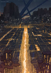 Rule 34 | artist name, building, city, city below, city lights, cityscape, cloud, commentary request, dated, evening, highres, k kanehira, night, no humans, original, scenery, science fiction, skyscraper, vanishing point, watermark