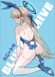 Rule 34 | 1girl, absurdres, animal ears, ass, back, backless leotard, bare shoulders, blonde hair, blue archive, blue eyes, blue leotard, blush, braid, breasts, copyright name, detached collar, earpiece, fake animal ears, fake tail, french braid, from behind, halo, high heels, highleg, highleg leotard, highres, kneeling, kojima takeshi, leotard, long hair, looking at viewer, looking back, medium breasts, official alternate costume, playboy bunny, rabbit ears, rabbit tail, solo, tail, thighhighs, toki (blue archive), toki (bunny) (blue archive), translation request, white thighhighs, wrist cuffs