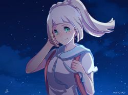 Rule 34 | 1girl, artist name, blonde hair, blush, creatures (company), ebbilin, game freak, green eyes, hand on own cheek, hand on own face, hood, lillie (pokemon), long hair, looking at viewer, night, nintendo, pokemon, pokemon sm, ponytail, shirt, short sleeves, signature, sky, smile, solo, spoilers, star (sky), starry sky, upper body