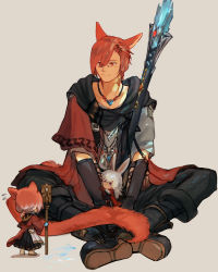 Rule 34 | 1girl, 2boys, absurdres, animal ears, black footwear, black gloves, black pants, black robe, boots, cat boy, cat ears, cat tail, chibi, closed mouth, commentary request, crystal exarch, final fantasy, final fantasy xiv, g&#039;raha tia, gloves, grbraku, grey shirt, hair ornament, hairclip, highres, holding, holding staff, jacket, jewelry, lyna (ff14), material growth, miqo&#039;te, multicolored hair, multiple boys, neck tattoo, necklace, pants, red eyes, red hair, red jacket, robe, shirt, sitting, smile, staff, streaked hair, tail, tattoo, viera, white hair