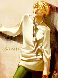 Rule 34 | 1boy, blonde hair, character name, green pants, hair over one eye, highres, male focus, necktie, one piece, one piece: strong world, pants, sanji (one piece), solo, striped, striped necktie, sweater