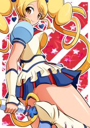 Rule 34 | 10s, 1girl, alternate form, aokura shou, blonde hair, blue skirt, boots, brown eyes, cure honey, cure honey (popcorn cheer), earrings, happinesscharge precure!, highres, jewelry, knee boots, long hair, looking back, magical girl, miniskirt, multicolored clothes, multicolored skirt, oomori yuuko, precure, puffy sleeves, red background, skirt, smile, solo, star (symbol), starry background, twintails, wand, wrist cuffs