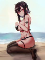 Rule 34 | 1girl, arm strap, beach, bikini, black bikini, black choker, black hair, black thighhighs, blurry, blurry background, blush, breasts, choker, covered erect nipples, hair between eyes, hands on own chest, highres, jsiwji, large breasts, looking at viewer, midriff, multi-strapped bikini, navel, original, outdoors, parted lips, red eyes, sand on skin, short hair with long locks, sideboob, sitting, solo, swimsuit, thigh strap, thighhighs, thighs, water