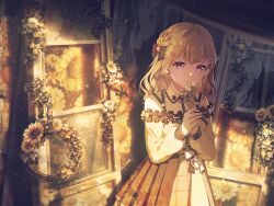 Rule 34 | 1girl, bang dream!, blonde hair, bow, braid, broken window, chest harness, dress, earrings, floral background, floral print, flower, flower wreath, frills, hair bow, hair ornament, hairclip, harness, heart, holding, holding flower, jewelry, lapel pin, light frown, long hair, looking down, o-ring, o-ring harness, off-shoulder dress, off shoulder, official art, pearl hair ornament, purple eyes, shirasagi chisato, solo, sunflower, third-party source, vignetting, wavy hair, window, yellow theme
