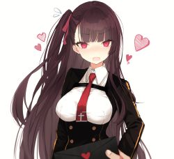 Rule 34 | 1girl, blazer, blush, breasts, collared shirt, commentary, embarrassed, flying sweatdrops, framed breasts, girls&#039; frontline, hair ribbon, half updo, heart, high-waist skirt, high collar, holding, holding letter, jacket, large breasts, letter, long hair, looking at viewer, love letter, narue, necktie, one side up, open mouth, pov, purple hair, red eyes, red neckwear, red ribbon, ribbon, shirt, simple background, skirt, tsundere, tsurime, underbust, very long hair, wa2000 (girls&#039; frontline), white background