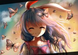 Rule 34 | 1girl, alternate hairstyle, animal ears, bad id, bad pixiv id, blue dress, blue hair, bow, bowtie, bug, butterfly, butterfly on head, closed eyes, cloud, dress, dutch angle, facing viewer, gradient sky, grin, hair between eyes, hair blowing, insect, kayon (touzoku), letterboxed, long hair, outdoors, pink bow, pink bowtie, rabbit ears, red eyes, seiran (touhou), side ponytail, sky, smile, solo, touhou, twilight, upper body