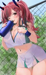 Rule 34 | 1girl, absurdres, azur lane, bare shoulders, bottle, breasts, bremerton (azur lane), bremerton (scorching-hot training) (azur lane), chain-link fence, cleavage, cowboy shot, crop top, fence, highres, holding, jewelry, large breasts, long hair, looking at viewer, midriff, miniskirt, multicolored hair, navel, navel piercing, necklace, piercing, red eyes, red hair, revision, shirt, skirt, sleeveless, sleeveless shirt, solo, stomach, sweatband, tongue, tongue out, twintails, two-tone hair, white shirt, white skirt, xretakex