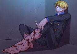 Rule 34 | 1boy, barefoot, between fingers, blonde hair, blood, cigarette, commentary request, facial hair, hair over one eye, holding, indoors, injury, long sleeves, male focus, mouth hold, one piece, one piece: clockwork island adventure, sanji (one piece), short hair, smile, smoking, sorase (srsrs 000), teeth