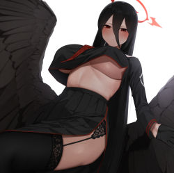 1girl, black gloves, black hair, black legwear, black skirt, black wings, blue archive, breasts, closed mouth, crop top, crop top overhang, expressionless, feathered wings, from below, garter straps, gloves, hair between eyes, halo, hasumi (blue archive), highres, large breasts, long hair, long sleeves, looking at viewer, looking down, low wings, mole, mole under eye, neckerchief, no bra, pelvic curtain, pleated skirt, red eyes, red ribbon, ribbon, senju (snz0), simple background, skindentation, skirt, solo, straight hair, thighhighs, thighs, underboob, upshirt, very long hair, white background, wings