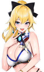 Rule 34 | 1girl, :d, bad id, bad pixiv id, bare arms, bare shoulders, bikini, black background, black bow, blonde hair, blue eyes, blue nails, bow, breasts, buckle, cleavage, earrings, fingernails, flower, genshin impact, hair bow, heart, heart-shaped pupils, heart o-ring, highres, jean (genshin impact), jewelry, large breasts, long fingernails, long hair, mutsu ane daisuki, nail polish, open mouth, ponytail, shiny skin, smile, solo, sweat, swimsuit, symbol-shaped pupils, teeth, thigh strap, thighhighs, tongue, tongue out, upper body, upper teeth only, v, vision (genshin impact), white bikini, white flower