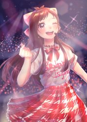 Rule 34 | 1girl, 29pad ky, ;d, absurdres, antenna hair, apple earrings, blush, breasts, brown hair, character name, earrings, finger heart, food-themed earrings, food themed earrings, headset, highres, idol, idolmaster, idolmaster cinderella girls, jewelry, light rays, long hair, looking at viewer, medium breasts, nail polish, neck ribbon, one eye closed, open mouth, plaid, plaid skirt, red eyes, red skirt, ribbon, round teeth, shirt, shirt tucked in, skirt, smile, solo, stage, stage lights, straight hair, teeth, tsujino akari, very long hair, white shirt