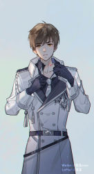 Rule 34 | 1boy, :o, absurdres, bai qi (love and producer), black gloves, black shirt, brown eyes, brown hair, coat, gloves, hickey, highres, long sleeves, looking at viewer, love and producer, necktie, open mouth, polo shirt, rabbitcamilla, shirt, short hair, solo, white background, white coat, white necktie