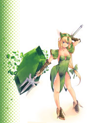 Rule 34 | 1girl, armor, blonde hair, blue eyes, boots, bow, breasts, bridal gauntlets, brown footwear, cleavage, closed mouth, collarbone, covered navel, dress, full body, green bow, green dress, hair between eyes, hair bow, hair tubes, highres, holding, holding polearm, holding weapon, kirishima satoshi, long hair, looking at viewer, low-tied long hair, medium breasts, pauldrons, polearm, riesz, seiken densetsu, seiken densetsu 3, short dress, shoulder armor, side slit, sleeveless, sleeveless dress, smile, solo, standing, strapless, strapless dress, trident, very long hair, weapon, white background