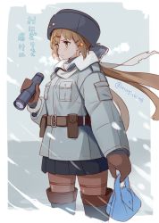 Rule 34 | 1girl, bag, belt, black hat, black skirt, blush, boots, breast pocket, breath, brown belt, brown eyes, brown hair, brown thighhighs, closed mouth, fur hat, grey jacket, hair ornament, hair ribbon, hairclip, hat, holding, holding bag, jacket, kantai collection, long hair, mittens, mugishima (mugishim4), one-hour drawing challenge, pantyhose, papakha, pleated skirt, pocket, pouch, ribbon, scarf, skirt, snowing, solo, star (symbol), star hair ornament, tashkent (kancolle), telescope, thigh boots, thighhighs, torn clothes, torn scarf, translation request, twintails, twitter username, white scarf
