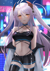Rule 34 | 1girl, absurdres, antenna hair, azur lane, bandeau, bare shoulders, black choker, black shorts, black thighhighs, breasts, choker, cleavage, commentary request, cowboy shot, hair between eyes, halterneck, highres, konparu uran, large breasts, long hair, looking at viewer, midriff, navel, off shoulder, parted lips, prinz eugen (azur lane), short shorts, shorts, solo, standing, stomach, thighhighs, thighs, two side up, very long hair, white hair, yellow eyes