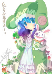Rule 34 | 10s, 1girl, absurdres, animal ears, animal hood, berry, blue eyes, blue hair, blush, bow, rabbit, rabbit ears, coat, date a live, eyepatch, food, fruit, hand puppet, highres, hood, long hair, looking at viewer, matching hair/eyes, mayic, open mouth, plant, puppet, signature, solo, strawberry, stuffed animal, stuffed rabbit, stuffed toy, white background, yoshino (date a live), yoshinon