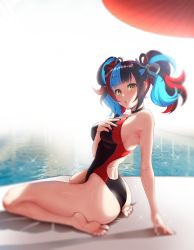 Rule 34 | 1girl, armpits, ass, backlighting, barefoot, black hair, black one-piece swimsuit, blue hair, blunt bangs, blurry, blush, breasts, choker, competition swimsuit, depth of field, fate/grand order, fate (series), feet, hand on own chest, highleg, highleg swimsuit, highres, large breasts, legs, long hair, looking at viewer, multicolored hair, nail polish, oil-paper umbrella, one-piece swimsuit, open mouth, poolside, red hair, red one-piece swimsuit, sei shounagon (fate), sitting, solar (happymonk), solo, sparkle, streaked hair, swimsuit, thighs, toes, twintails, two-tone swimsuit, umbrella, wariza, water, white background, yellow eyes