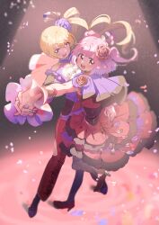 Rule 34 | 2girls, :d, absurdres, alternate costume, blonde hair, blush, brown background, capelet, dancing, dress, flats, flower, frilled dress, frills, hair flower, hair ornament, hand on another&#039;s waist, high heels, highres, holding hands, jewelry, layered dress, leg up, long hair, long sleeves, looking at viewer, magia record: mahou shoujo madoka magica gaiden, mahou shoujo madoka magica, makino ikumi, midori ryo, multiple girls, open mouth, pants, pantyhose, paru rari, pink flower, pink hair, pink nails, pink rose, print pants, purple capelet, purple flower, purple footwear, purple nails, purple pantyhose, purple rose, red dress, red eyes, red footwear, red pants, red shirt, ring, rose, shirt, shoes, short hair, short sleeves, side ponytail, sidelocks, smile, spotlight, standing, swept bangs, teeth, twitter username, two side up, upper teeth only, very long hair, wavy hair, wrist cuffs