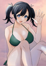 Rule 34 | 1girl, absurdres, bare arms, bare legs, bare shoulders, bikini, blue eyes, blue hair, blush, breasts, cleavage, collarbone, feet out of frame, green bikini, hair between eyes, heart, highres, kantai collection, large breasts, long hair, motion lines, open mouth, simple background, smile, solo, souryuu (kancolle), swimsuit, toriniku senshi chikinman, white background