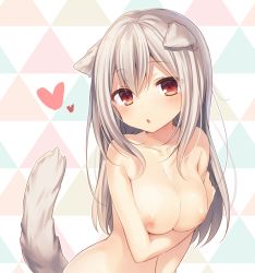 Rule 34 | 1girl, :o, animal ears, blush, breast hold, breasts, chestnut mouth, collarbone, dog ears, dog tail, hair between eyes, heart, highres, komeshiro kasu, large breasts, leaning forward, long hair, looking at viewer, nipples, nude, open mouth, original, red eyes, silver hair, solo, tail, upper body