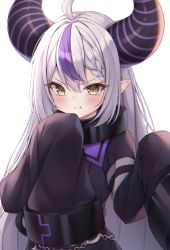 Rule 34 | 1girl, blush, braid, highres, hololive, horns, la+ darknesss, long hair, looking at viewer, nakaji (user snap3353), pointy ears, pout, purple hair, silver hair, simple background, sleeves past wrists, solo, tears, very long hair, virtual youtuber, white background, yellow eyes