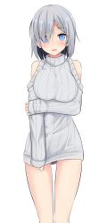 Rule 34 | 10s, 1girl, :d, alternate costume, bare legs, black panties, blue eyes, blush, breasts, clothing cutout, hair ornament, hair over one eye, hairclip, hamakaze (kancolle), hand on own arm, holding own arm, kantai collection, large breasts, long sleeves, looking at viewer, no pants, open mouth, panties, pantyshot, ribbed sweater, short hair, shoulder cutout, silver hair, simple background, smile, solo, standing, striped, sweater, takeyuu, turtleneck, underwear, vertical stripes, white background