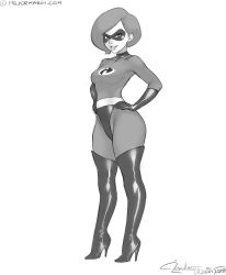 Rule 34 | 1girl, artist name, bodysuit, boots, breasts, costume, curvy, dated, domino mask, elastigirl, female focus, full body, gloves, helen parr, high heel boots, high heels, highres, large breasts, lips, looking at viewer, mask, medium breasts, melkor mancin, monochrome, shiny clothes, short hair, simple background, skin tight, solo, standing, superhero costume, sweat, the incredibles, thigh boots, thighhighs, wide hips