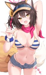 Rule 34 | 1girl, absurdres, animal ear fluff, animal ears, armpits, bikini, black hair, blue archive, blue shorts, blush, breasts, cowboy shot, enru, fang, fingernails, fox ears, fox shadow puppet, fox tail, hair between eyes, halo, highres, izuna (blue archive), izuna (swimsuit) (blue archive), looking at viewer, medium breasts, nail polish, navel, official alternate costume, open fly, open mouth, orange nails, pink halo, short hair, short shorts, shorts, simple background, skin fang, smile, solo, striped bikini, striped clothes, swimsuit, tail, white background, yellow eyes
