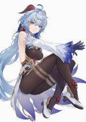 Rule 34 | 1girl, ahoge, arms up, bare shoulders, blue bow, blue gloves, blue hair, bodysuit, bow, breasts, brown bodysuit, brown pantyhose, closed mouth, commentary, detached sleeves, flying, full body, ganyu (genshin impact), genshin impact, gloves, gold, grey footwear, hair between eyes, hair bow, hands up, high heels, highres, horns, jewelry, long hair, long sleeves, looking at viewer, marumoru, medium breasts, necklace, pantyhose, ponytail, purple eyes, shoes, simple background, smile, solo, waist cape, white background, white bodysuit, wide sleeves