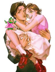 Rule 34 | 1boy, 1girl, arms around neck, artist name, black jacket, black pants, breasts, brown eyes, brown hair, carrying, chameleon, collared shirt, couple, cowboy shot, dress, flower, flynn rider, freckles, full body, green eyes, hair flower, hair ornament, hair slicked back, hetero, highres, jacket, lacampanule, lizard, long sleeves, looking at viewer, medium breasts, open mouth, pants, parted bangs, pascal (tangled), pink dress, pink shirt, pout, princess carry, rapunzel (disney), red footwear, see-through, see-through sleeves, shirt, short hair, short sleeves, skirt, socks, tangled, teeth, upper teeth only, white background, white shirt, white skirt, white socks
