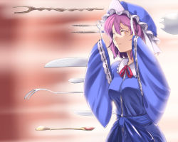 Rule 34 | 1girl, arms up, blue dress, dress, closed eyes, fate/stay night, fate (series), female focus, fork, gate of babylon (fate), haruichi (komikal), hat, holding, holding fork, knife, pink hair, saigyouji yuyuko, sash, short hair, smile, solo, spoon, touhou