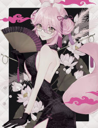 Rule 34 | 1girl, absurdres, animal ear fluff, animal ears, backless dress, backless outfit, bell, black gloves, bow, breasts, chinese clothes, chinese commentary, dr.mr, dress, fate/grand order, fate (series), flower, fox ears, fox girl, fox tail, glasses, gloves, hair bell, hair between eyes, hair ornament, halterneck, highres, koyanskaya (chinese lostbelt outfit) (fate), koyanskaya (fate), large breasts, long hair, looking at viewer, pink hair, seigaiha, smile, solo, tail, tamamo (fate), teeth, yellow eyes