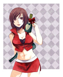Rule 34 | 1girl, alcohol, bottle, bow, breasts, brown eyes, brown hair, cleavage, female focus, highres, meiko (vocaloid), midriff, navel, nn nn, skirt, solo, vocaloid, wine