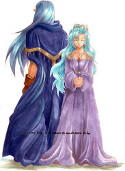 Rule 34 | 1990s (style), 1boy, 1girl, aqua hair, blue hair, breasts, brother and sister, cape, chrono (series), chrono trigger, dress, closed eyes, gloves, jewelry, long hair, magus (chrono trigger), necklace, pointy ears, robe, schala zeal, siblings, tiara