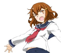 Rule 34 | 10s, 1girl, :d, blue skirt, blush, brown eyes, brown hair, chikuwa (tks), fang, hair ornament, hairclip, ikazuchi (kancolle), kantai collection, long sleeves, looking at viewer, navel, open mouth, orange eyes, pleated skirt, school uniform, serafuku, short hair, simple background, skirt, smile, solo, upper body, white background