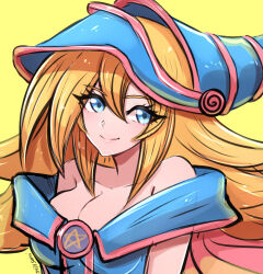 Rule 34 | 1girl, bare shoulders, blonde hair, blue dress, blue eyes, breasts, cleavage, closed mouth, collarbone, dark magician girl, dress, hat, highres, large breasts, long hair, looking at viewer, off-shoulder dress, off shoulder, omiza somi, simple background, smile, solo, upper body, witch, witch hat, yellow background, yu-gi-oh!