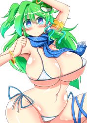 Rule 34 | 1girl, arm over head, armlet, armpits, belly, bikini, blue eyes, bracelet, breasts, cleavage, colored eyelashes, curvy, earrings, female focus, frog hair ornament, green hair, hair intakes, hair ornament, hair tubes, hand up, heart, heart-shaped pupils, highres, hip focus, huge breasts, jewelry, kochiya sanae, large breasts, leg ribbon, looking at viewer, micro bikini, navel, outline, ribbon, rindou (p41neko), scarf, shiny skin, side ponytail, simple background, skindentation, smile, snake hair ornament, solo, swimsuit, symbol-shaped pupils, thigh ribbon, thighs, touhou, white background