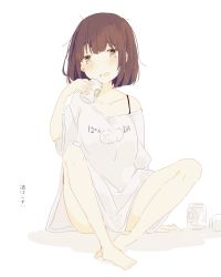 Rule 34 | 1girl, absurdres, alcohol, bare legs, barefoot, beer, blush, brown hair, can, crying, feet, female focus, highres, kaneko aaru, no pants, open mouth, original, oversized clothes, shirt, short hair, simple background, sitting, solo, t-shirt, tears, toes, white background