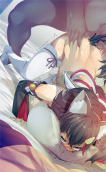 Rule 34 | 1boy, 1girl, all fours, animal ear fluff, animal ears, ass, ass grab, bell, black hair, black sleeves, blush, breasts, detached sleeves, doggystyle, fucked silly, fumihiko (fu mihi ko), hair between eyes, hair ornament, hetero, highres, hololive, jingle bell, kouhaku nawa, long hair, multicolored hair, nipples, ookami mio, ookami mio (1st costume), pillow, red hair, rope, sex, sex from behind, shimenawa, solo focus, streaked hair, sweat, tabi, tail, tail grab, thighhighs, trembling, vaginal, virtual youtuber, white thighhighs, wolf ears, wolf girl, wolf tail, yellow eyes